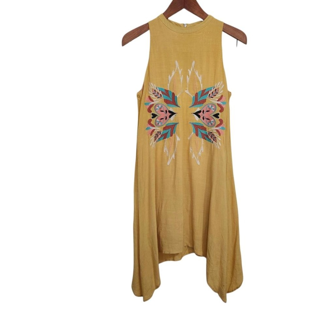 THML Embroidered Midi Dress Small Yellow Boho Asymmetrical Resort Beach Vacation